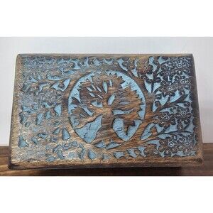 Vrinda Hand Carved Tree Of Life Wooden Jewelry Trinket Box Velvet Lined 8”x5”